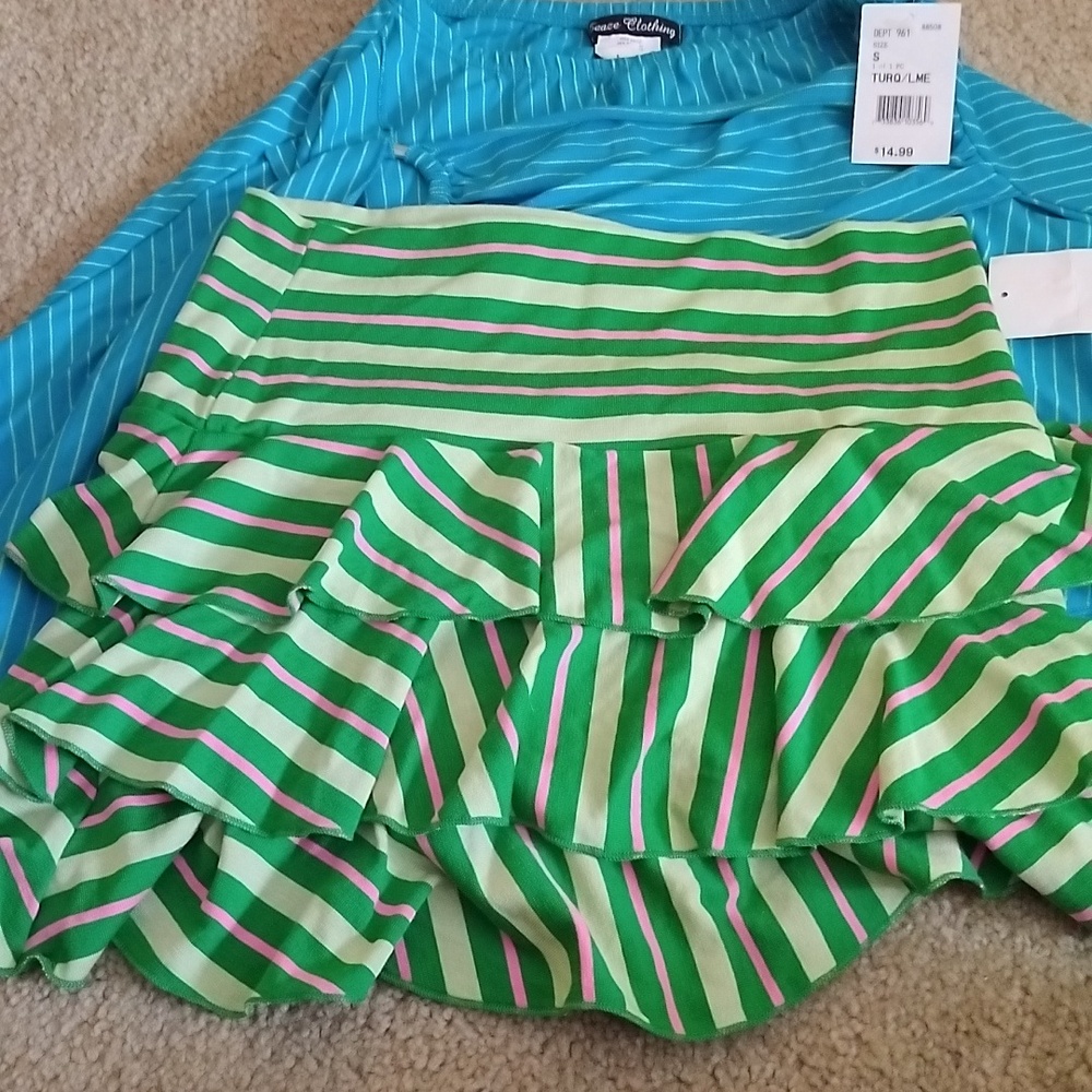 2 skirts lot turquoise and green pink elastic size small and size medium new